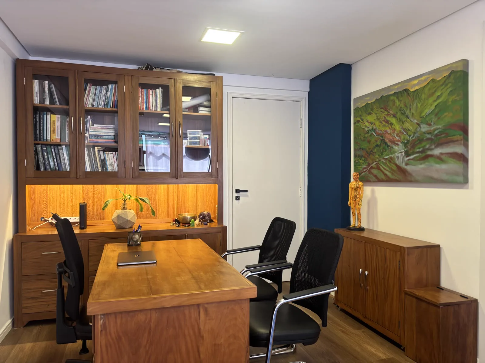 Consultório com mesa de atendimento e estante